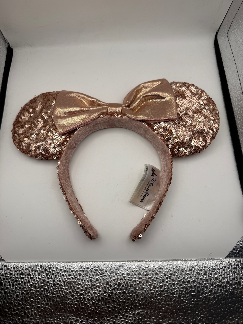 Disney Rose Gold Sequin Minnie Ear Headband with Metallic Bow